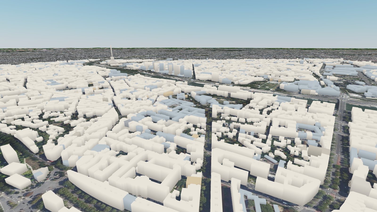 Paris et ses bâtiments en 3D, la tour Eiffel au loin